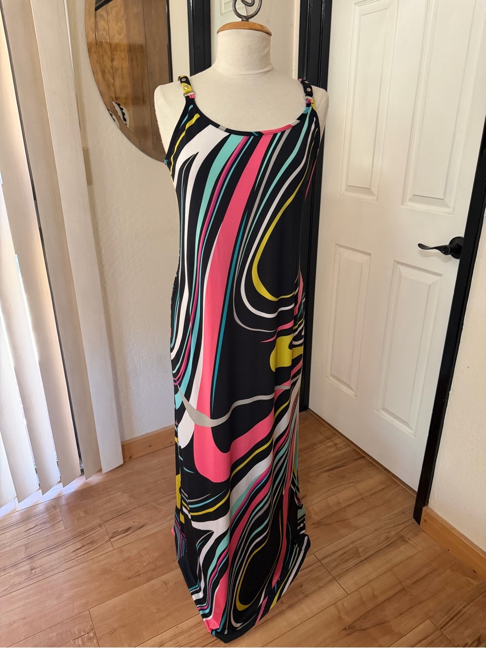 Frank Lyman Design Black Maxi  with Pink, Teal & Yellow Swirl Print